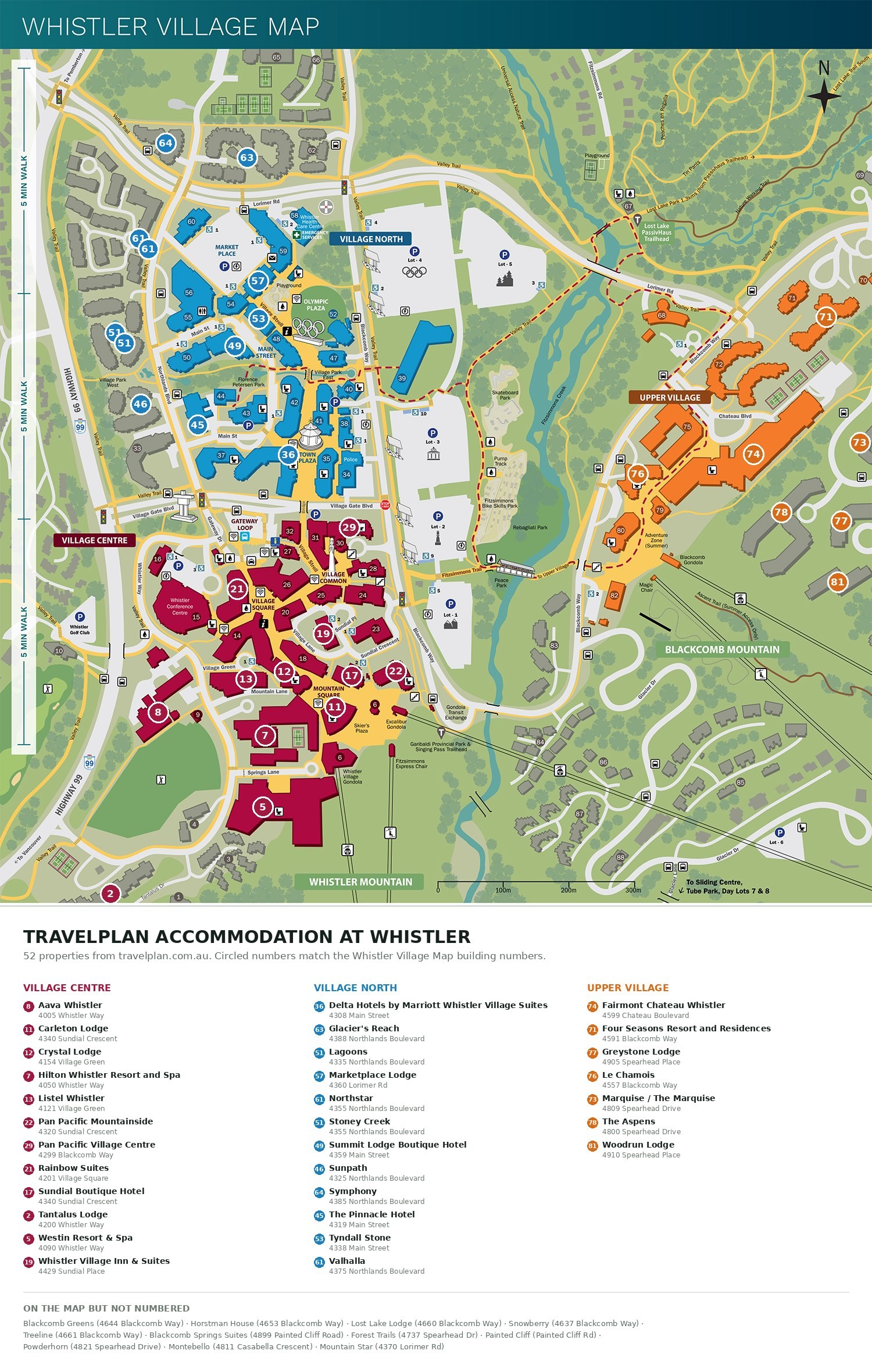 Detailed Whistler Village map with numbered pins for all 52 Travelplan accommodation properties across Village Centre, Village North, Upper Village and Blackcomb Benchlands